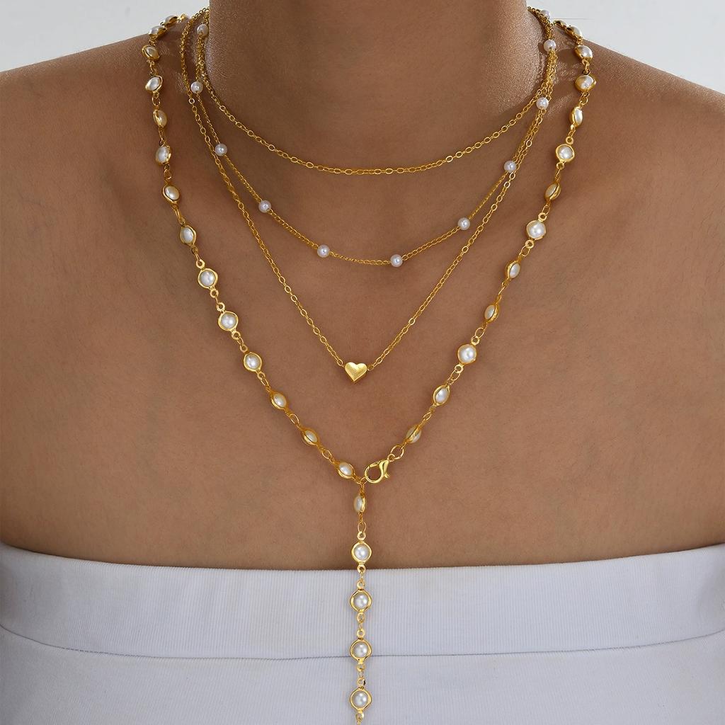 Boho Gold Color Multi-Layer Necklace Set for Women Fashion Zircon Bow Knot Water Drop Heart Pendant Necklaces Jewelry