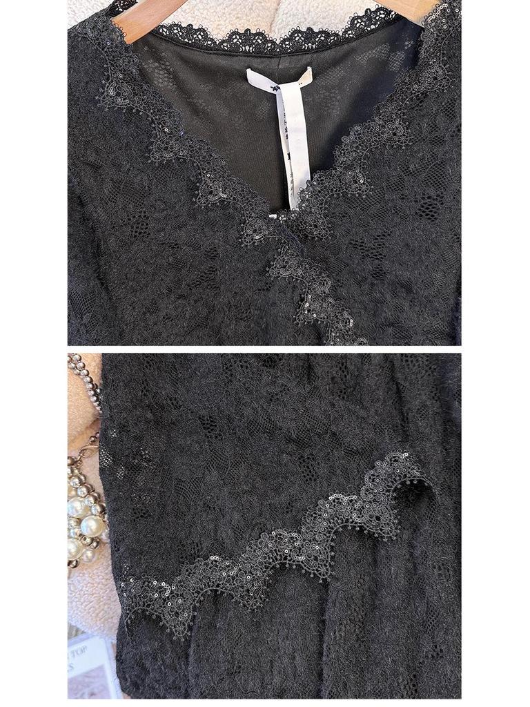 Plus Size Women's French Lace Dress, Long Sleeve, Waist-Cinched, Elegant and Slimming, Fits 130-300 Jin