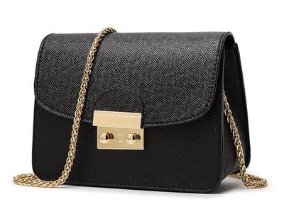 AnW (AnDouble) Leather Shoulder Bag with Gold Chain, Mini Bag, Vivid Colors, Women's (Large, Black)