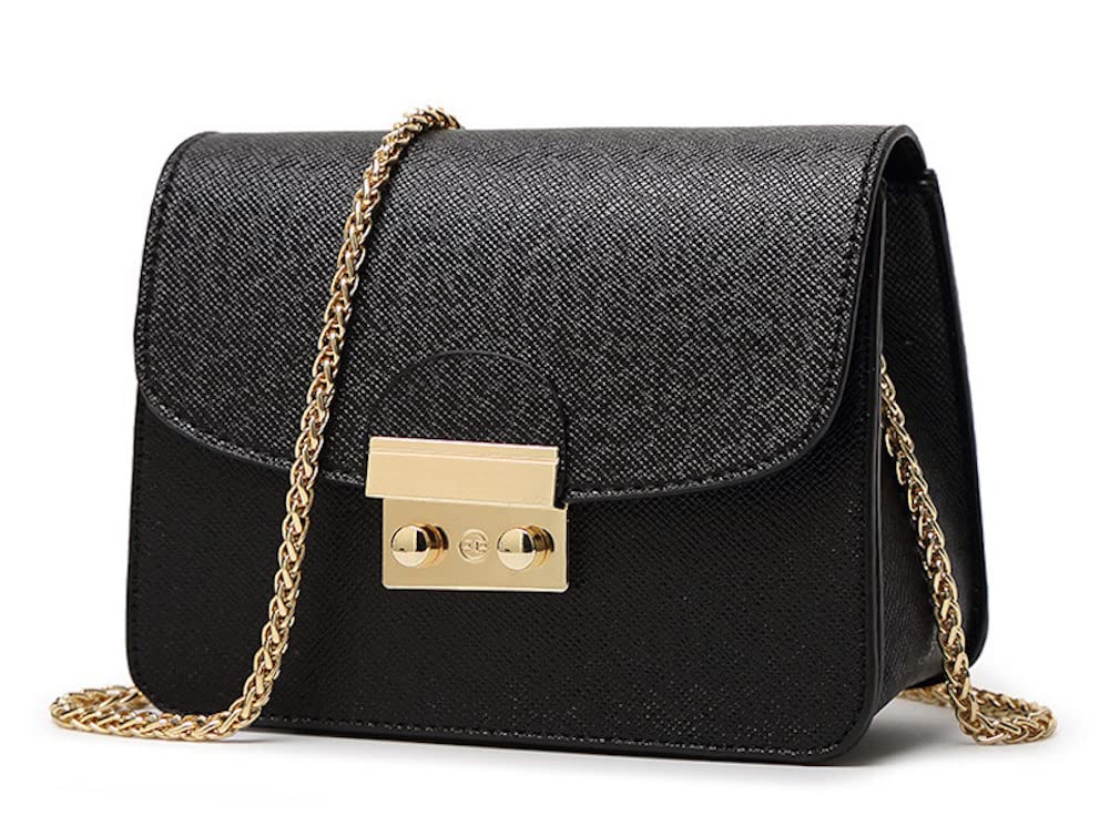 

AnW (AnDouble) Leather Shoulder Bag with Gold Chain, Mini Bag, Vivid Colors, Women s (Large, Black)