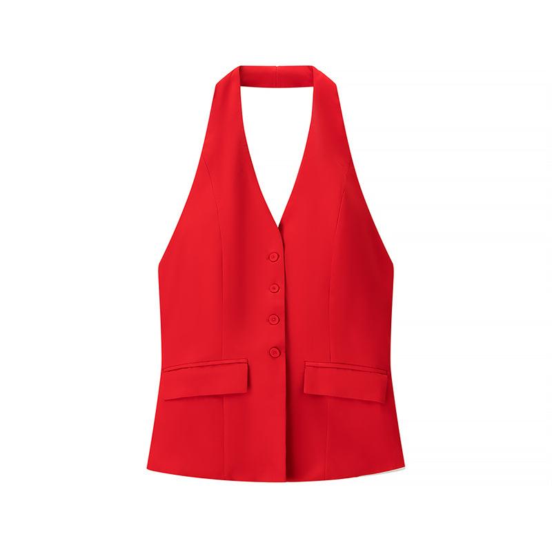 Women s Two Piece Suit Sleeveless Halter Vest High Waist Wide Leg Pants Satin Elegant Office Outfit S