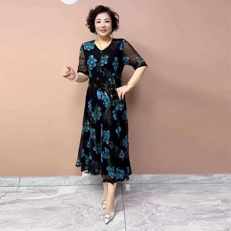 High-End Summer Women's Floral Dress   V-Neck Stretch Plus Size Dress   Slim Fit Long Dress