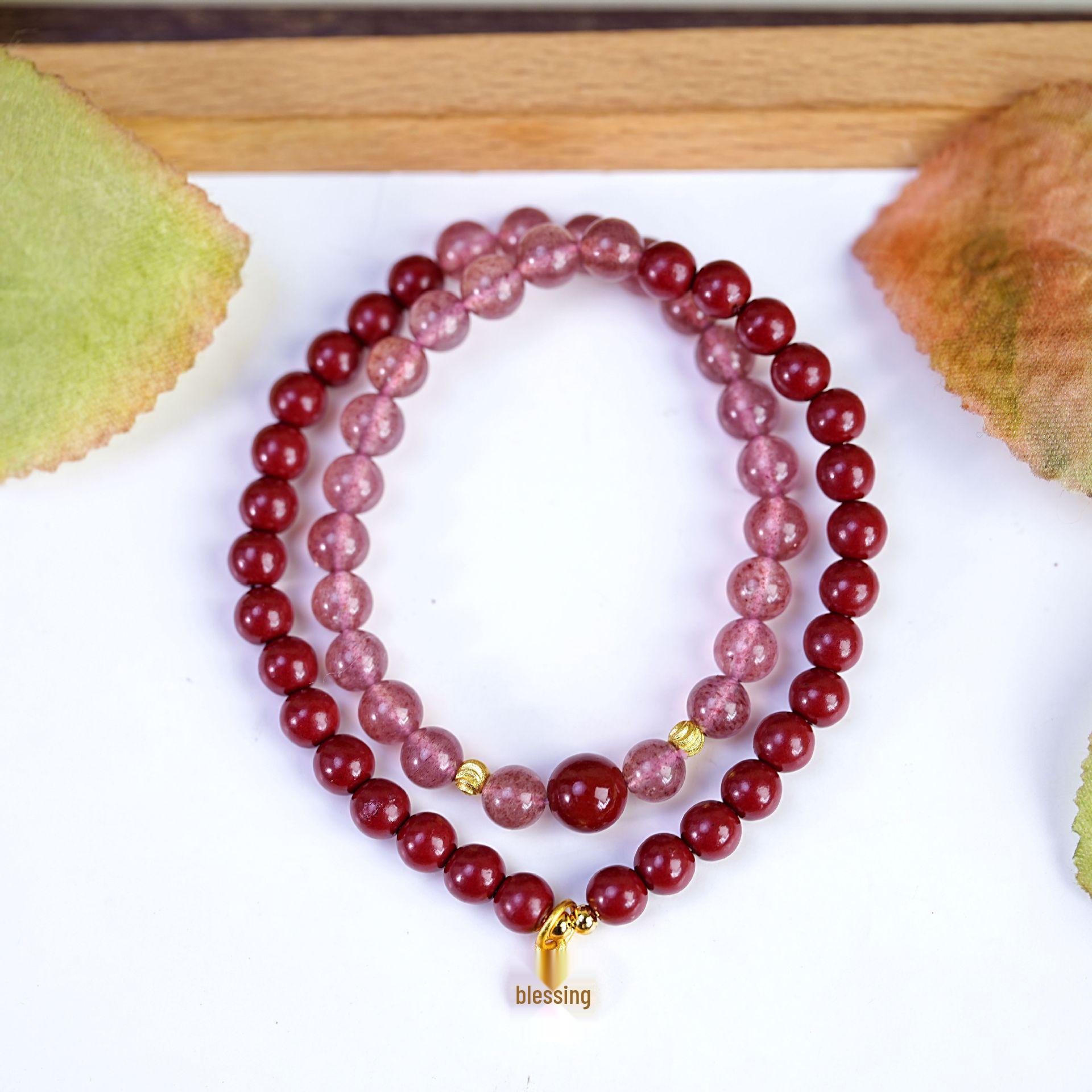 

Женский браслет из бусин из киновари и клубничного кристалла: Буддийские украшения в ретро китайском стиле