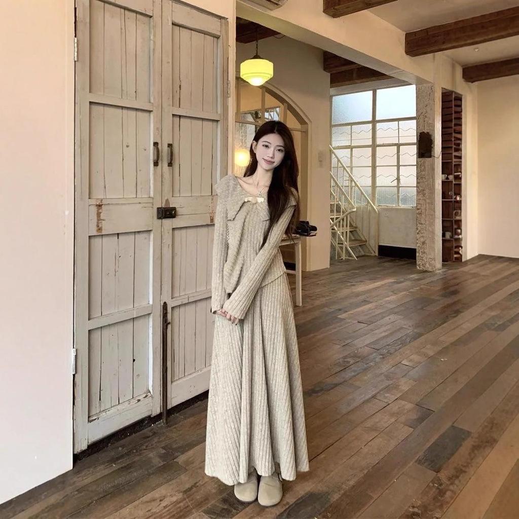 Women's Slimming Knit Two-Piece Set - Irregular French Top & High-Waisted Skirt