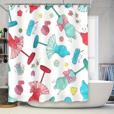 Colorful Sewing Pattern Shower Curtain With Pincushion And Needles Washable Fabric Waterproof Liner For Bathroom Decorations