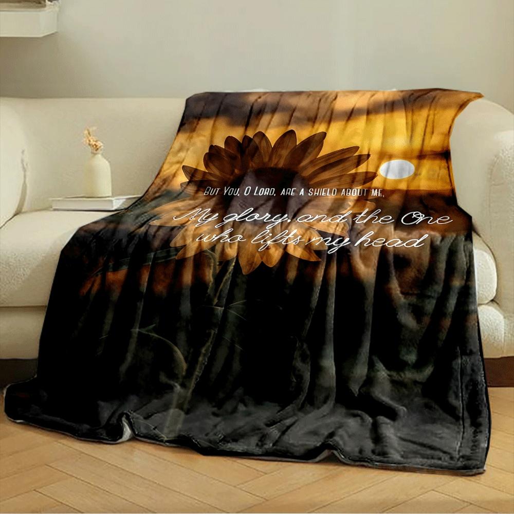 A Sunflower with Text Overlay Against a Warm Sunset Background. for All Seasons Blanket Lunch Break Throw Gift