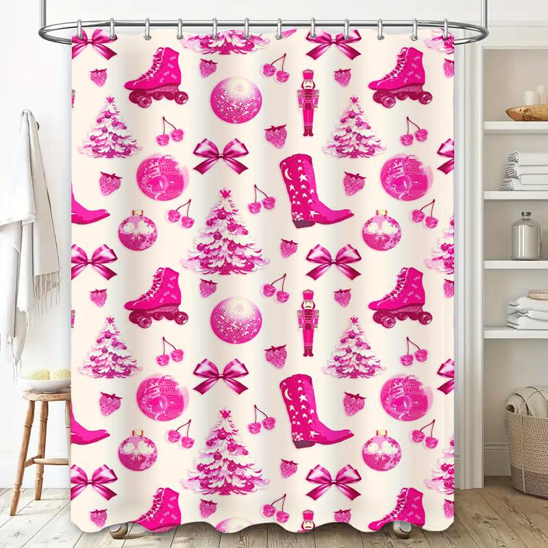 Vintage Christmas Shower Curtain with Pink Festive Print for Bathroom Decor 3D Waterproof Wall Covering Set for Home Decoration