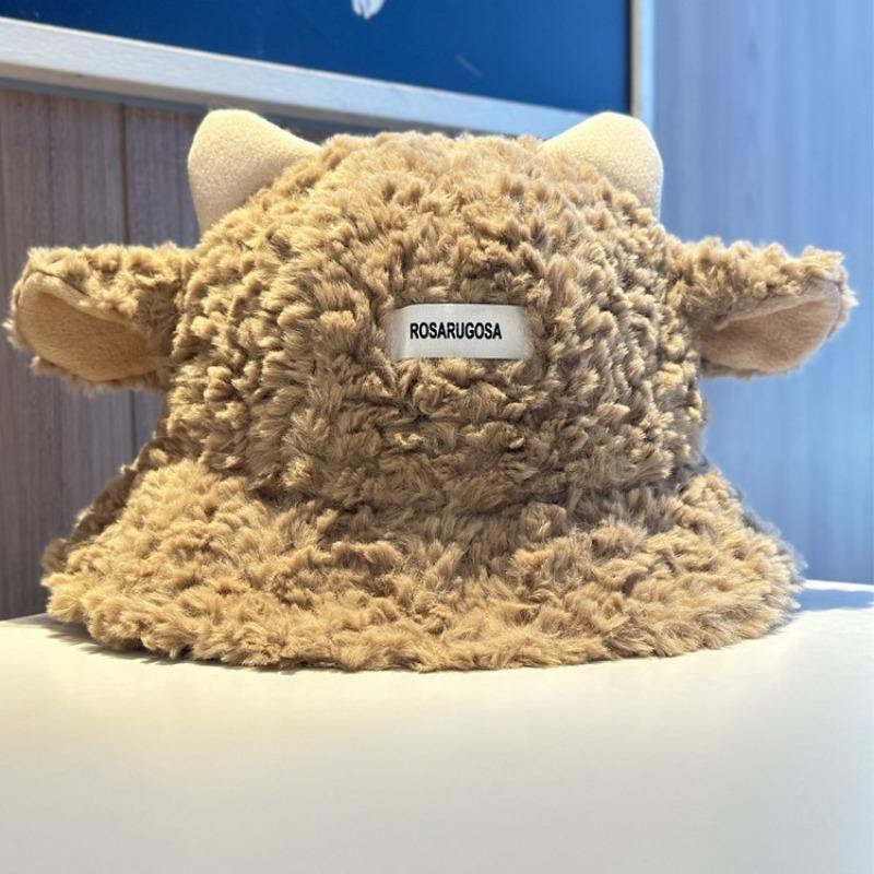 Cute plush lamb bucket hat women's autumn and winter warm versatile basin hat big head circumference show face small couple ear hat