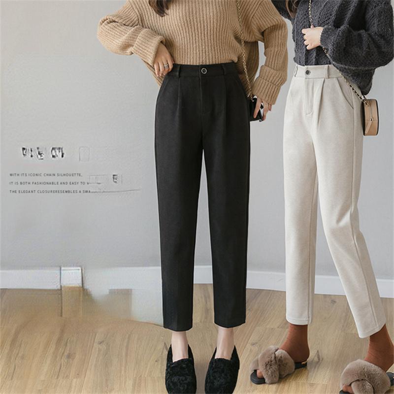 2022 Autumn Winter Korean Stytle Streetwear Vintage High Waist Casual Solid Color HaremWoolen Trousers Wool Straight Pants Women