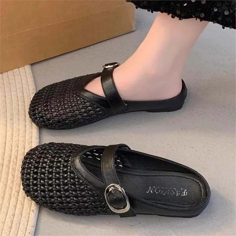 

Summer Women s Baotou Half Slippers Mesh Hollow Breathable Comfortable Soft Bottom Women s Casual Sandals Woven Flat Shoes 40-41 чорний
