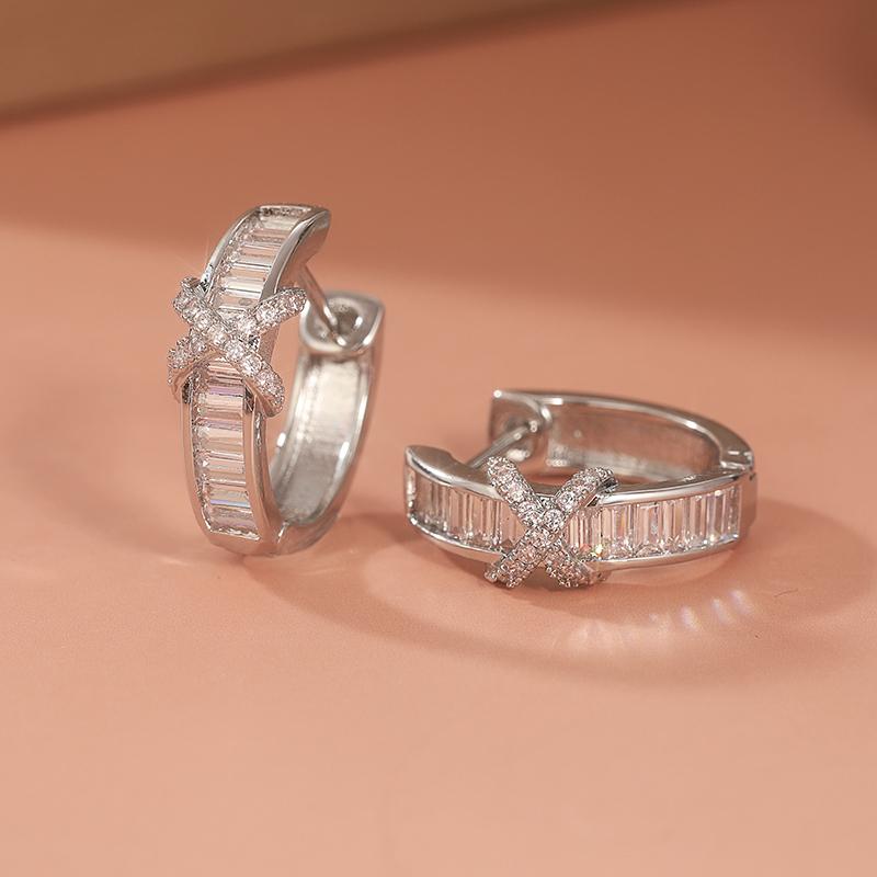 Elegant Silver Color Crossing Inlaid Cubic Zirconia Hoop Earrings Engagement Wedding Earrings for Women Jewelry