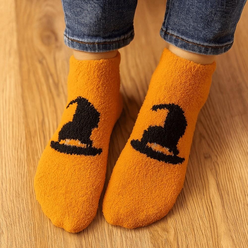 4pairs/set Soft Pumpkin Wizard Hat Tube Socks Coral Fleece Bat Ghost Mid-Calf Socks  Party