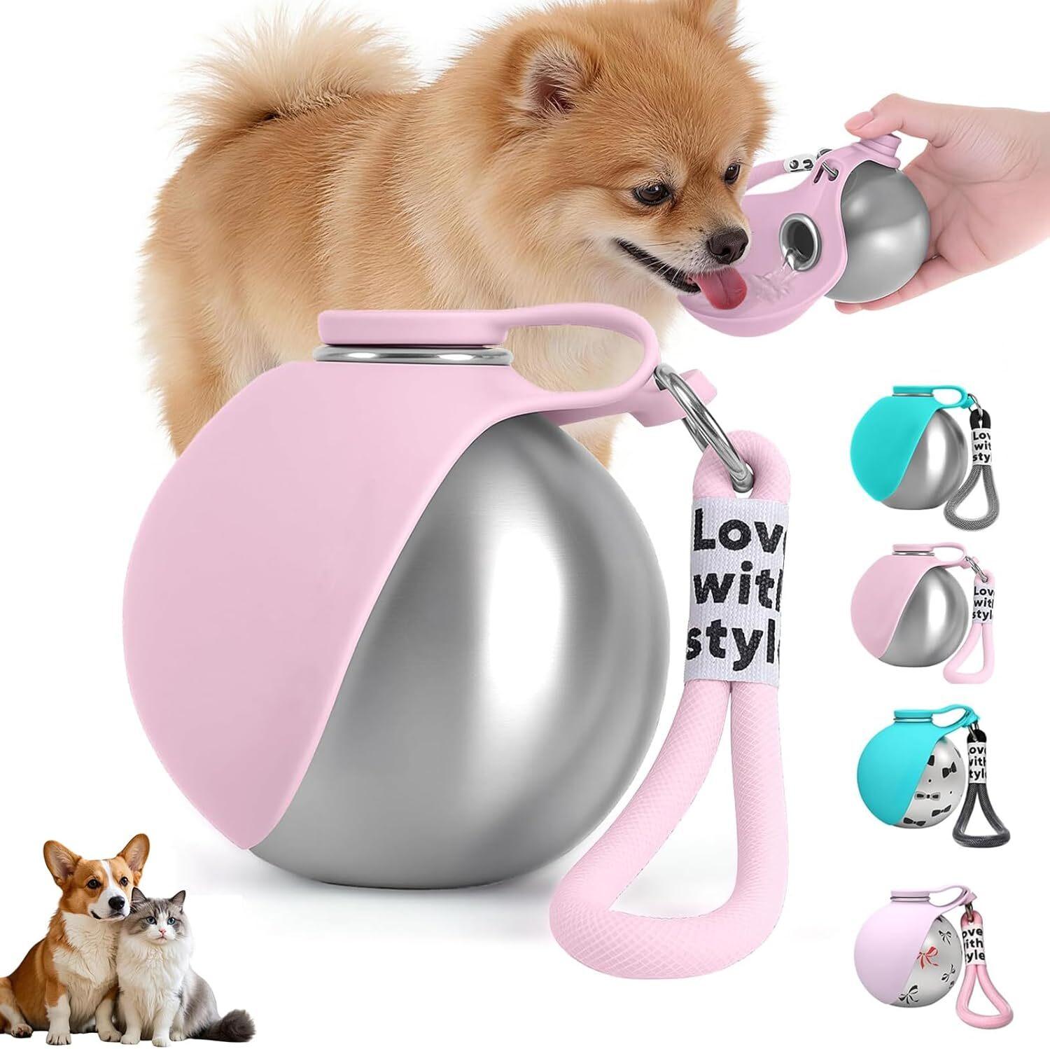 

Dogs Drinking Bottle with Silicone Bowl, 285ml Stainless Steel Leak-Proof Dog Drinking Bottle for Cats and Dogs, Walks and Hikes рожевий