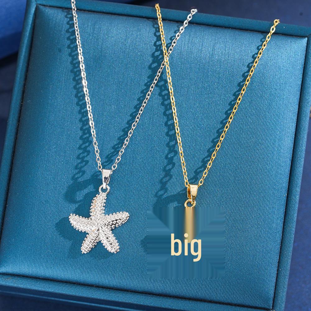 Starfish Pendant Necklace - Five-Pointed Star, Titanium Steel, Holiday Style, Colorfast Finish.