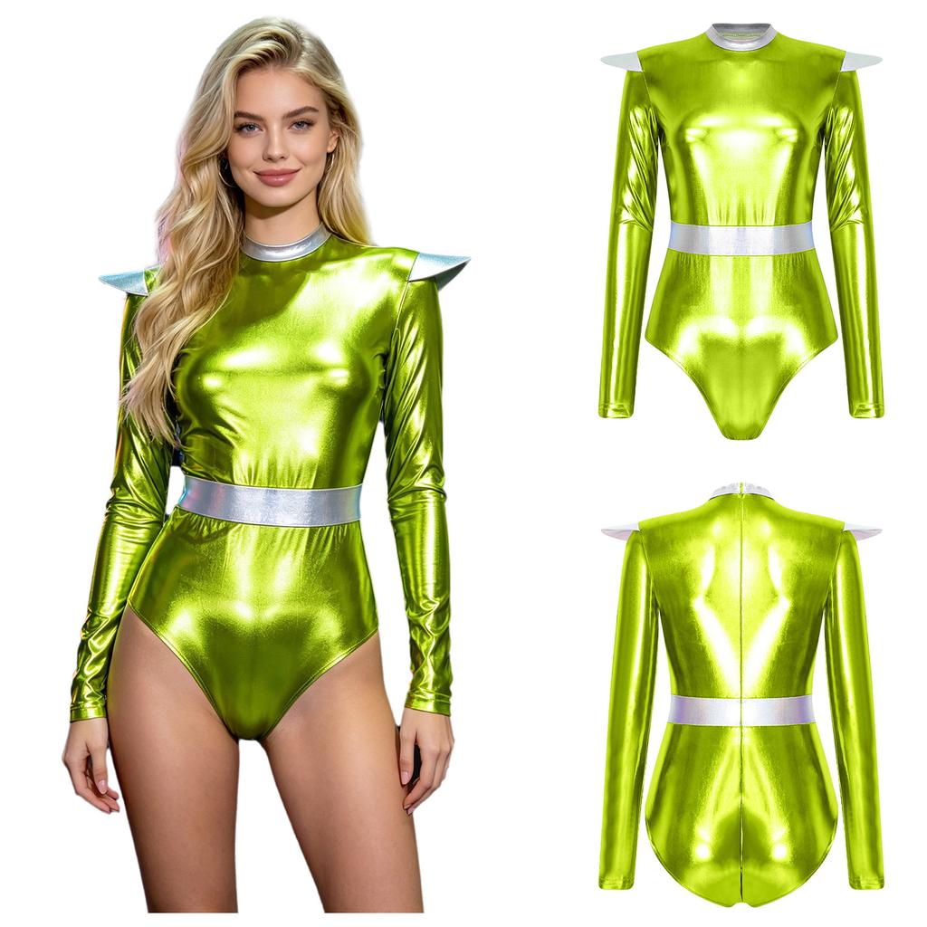 Rollkragen Langarm Metallisch Farbblock Body Unsichtbarer Reißverschluss Hinten Trikot Damen Alien Cosplay Bühnenperformance Kostüm