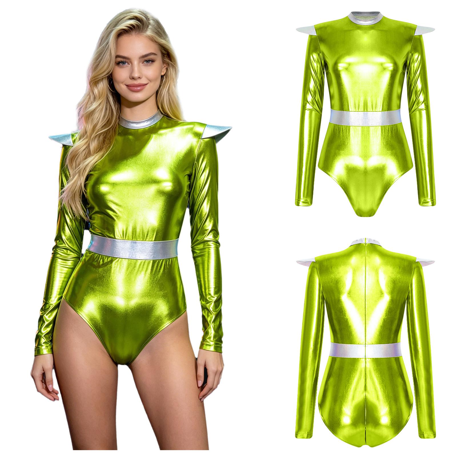 Alien Cosplay Leotard Damen Metallic Colorblock Rollkragen Langarm Unsichtbarer Reißverschluss Hinten Body für Bühnenauftritt Party XL grün