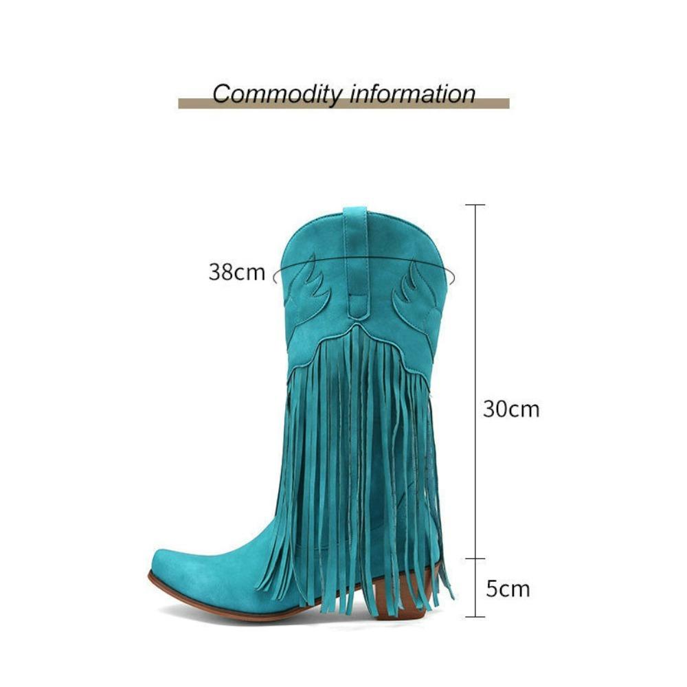 Women's European & American Vintage Mid-Calf Boots - Chunky Heel, High Heel, Round Toe, Fringed Knight Boots & Boots