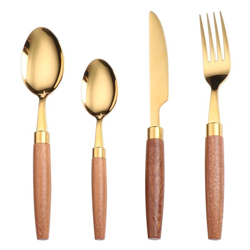 Four-piece Set of 304 Stainless Steel Knives Forks and Spoons with Limu Handles and Titanium-plated Metal Tableware