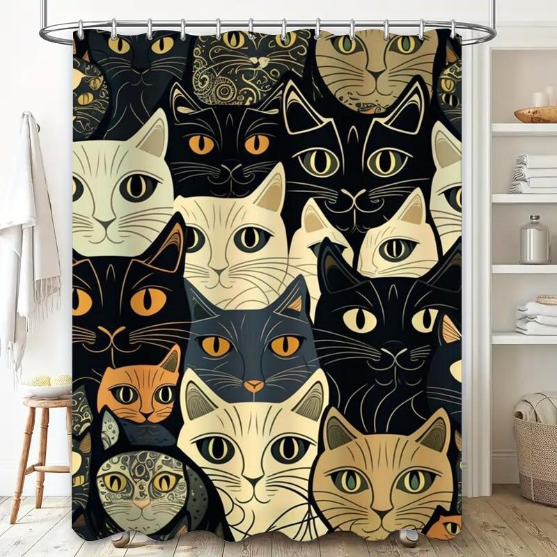 Charming Cats Shower Curtain Black White with Yellow Accents Pattern Decorative Bath Linen Waterproof Fabric Various Sizes Avail
