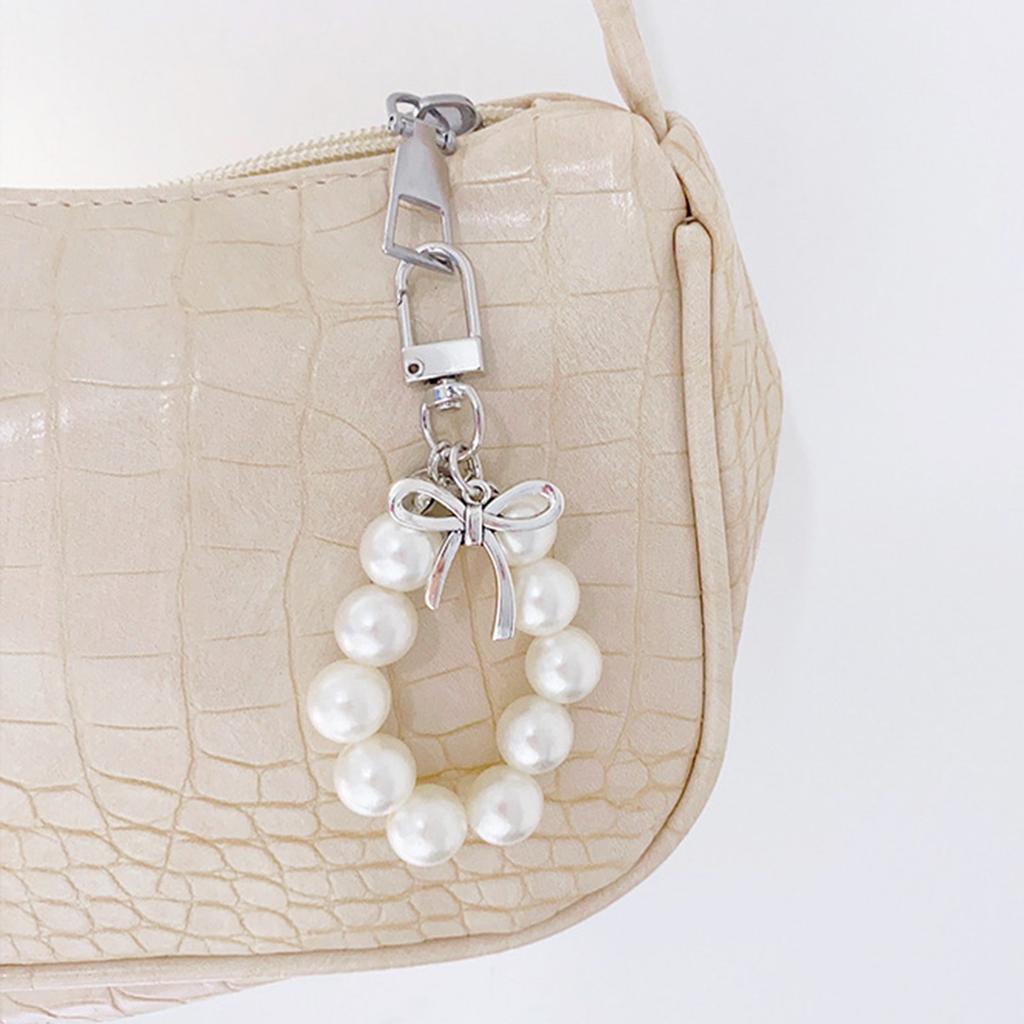 Bowknot Shaped Keychain Pendant Pearls Beaded Butterfly Knot Key Chain Fashionable Bow Ornament for Phones and Bag