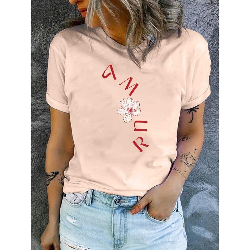 Women'S Casual Round-Neck T-Shirt with Stylish Letter Print for Spring and Summer