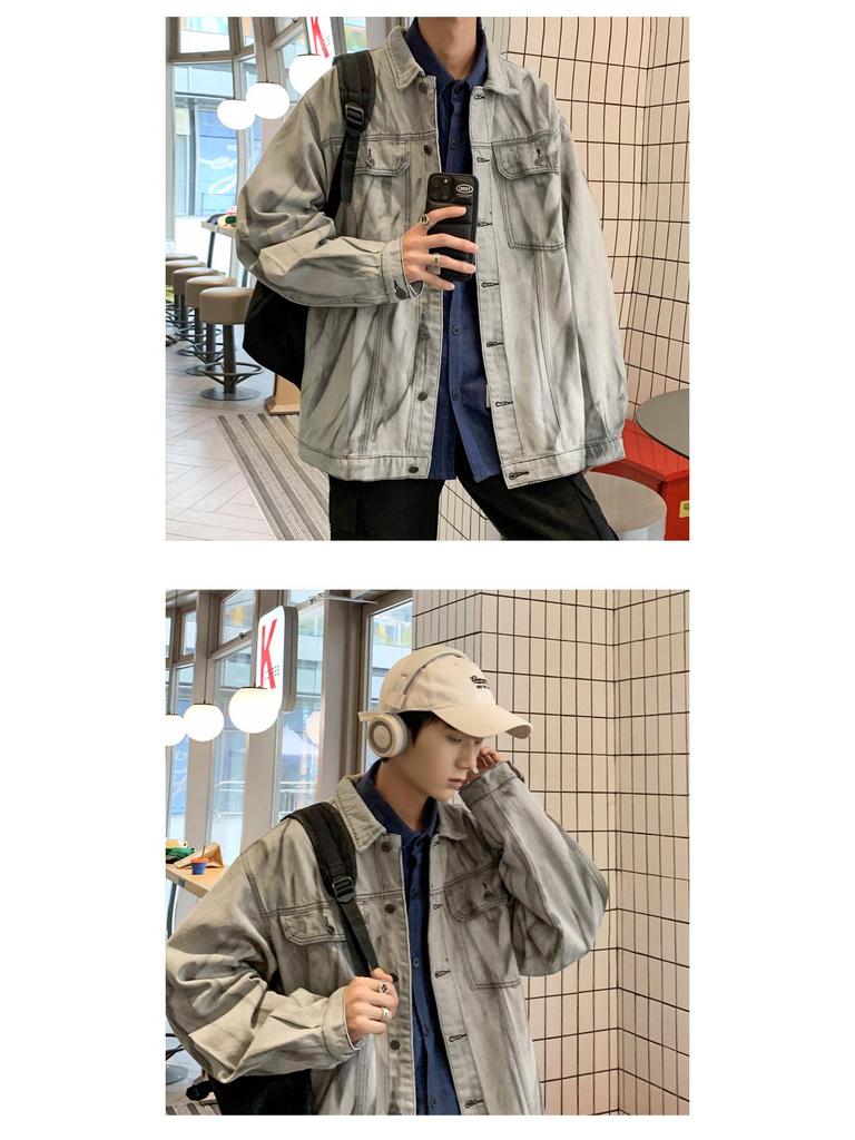 Men's Retro Tie-Dye Denim Jacket - Loose Casual Spring/Autumn Workwear Trend