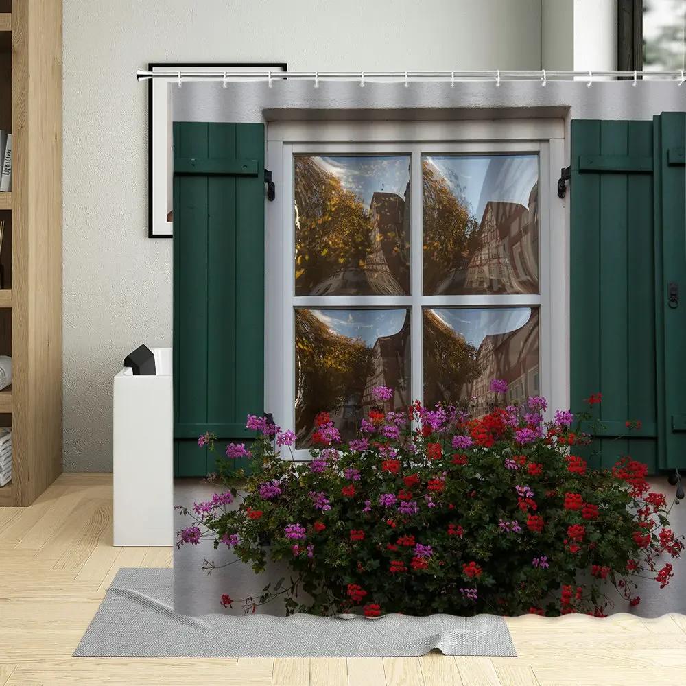 Greek Architecture Town Street View Shower Curtain Flower Window Door Bath Curtains Santorini Bathroom Decor Fabric With Hooks