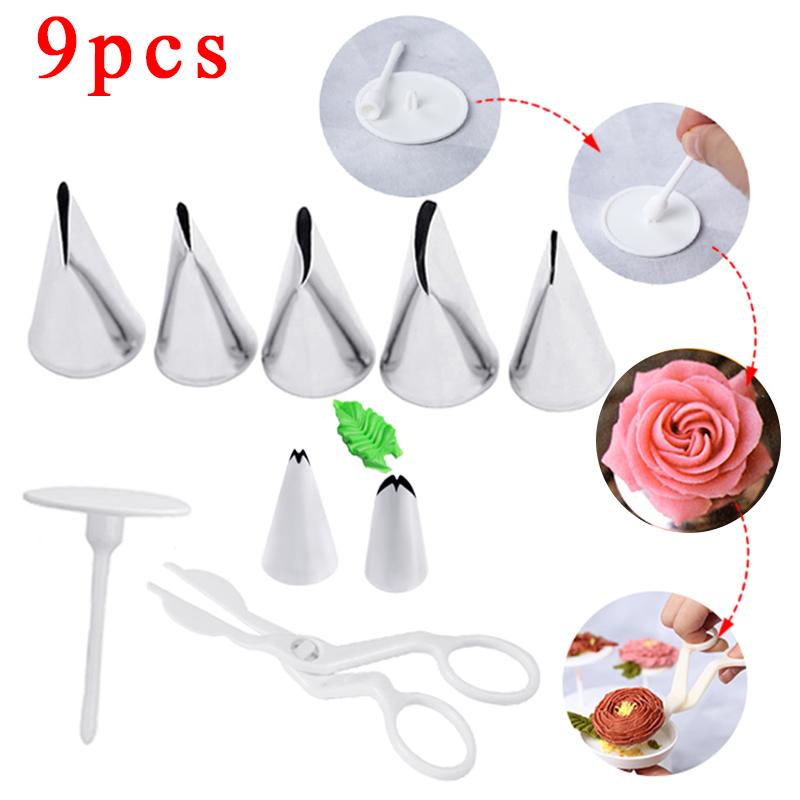 9Pcs/set Flower Scissor Cake Tray 7pcs Leaf Tips Tulips Rose Nozzle Nail Decor Lifter Fondant Cream Transfer Baking Pastry Tool