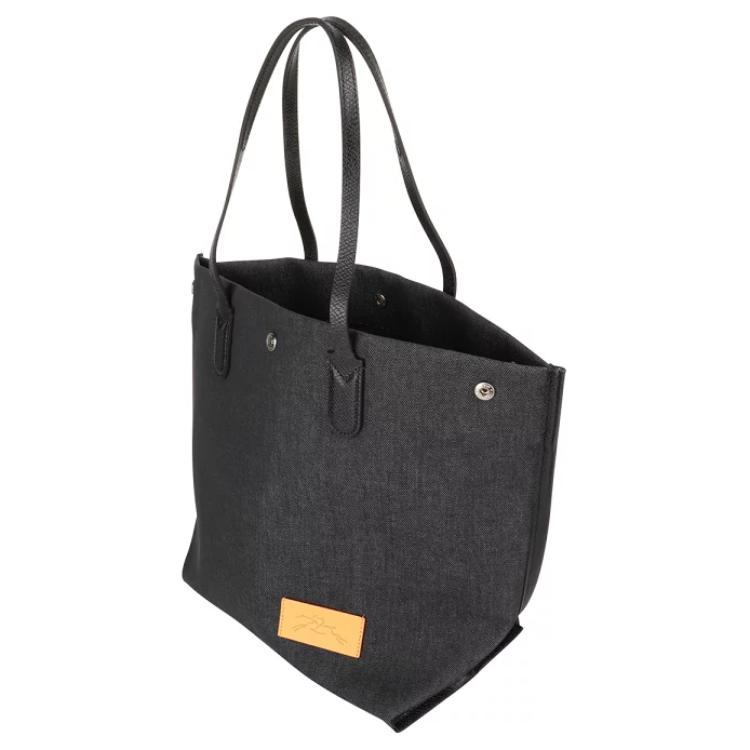 New LONGCHAMP Denim, Leather Trim Tote Bag, Shopping Bag, Handbag, Shoulder Bag Women's Dark Blue 10090HDOH06