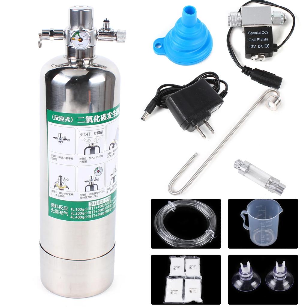 CO2 Generator System for Aquariums,2L Stainless Steel CO2 Cylinder Kit W/ Solenoid Valve and Bubble Counter,for Aquarium Plants