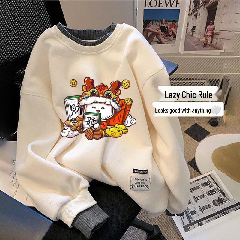 Women's Plus Size Red Round Neck Sweatshirt, Fleece-lined, Winter Layered Look, New Year Style