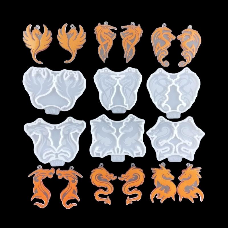 6Pcs Epoxy Assembled Molds Geometric Dragon Shape Earrings Pendant Mold Phone Keychain Pendant Silicone Mold for Decor