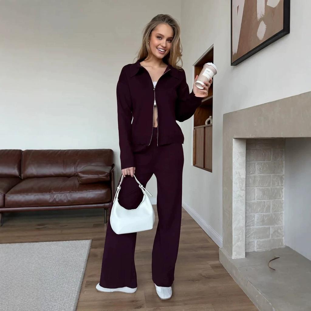 Russian and European style solid color long-sleeved zipper cardigan knitted suit + wide-leg trousers two-piece women's clothing