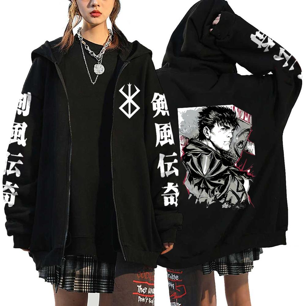 Japonské anime Berserk Mikina s kapucí Pánská Dámská Y2k Mikiny na zip Vintage Manga Mikina Harajuku Unisex Streetwear Oversized Bunda na zip
