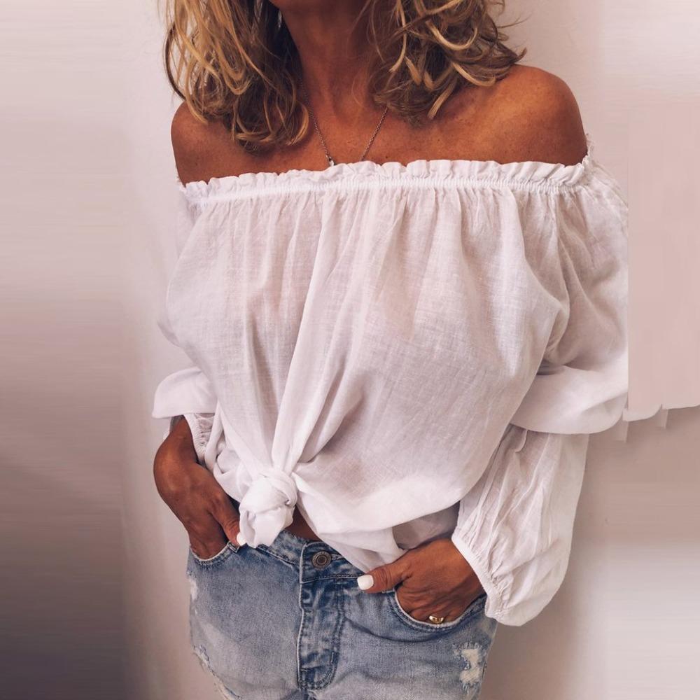 Women's Off Shoulder Long Sleeve Blouse Loose Fit Ruffle Elastic Neck Solid Color Linen Top For Spring Autumn