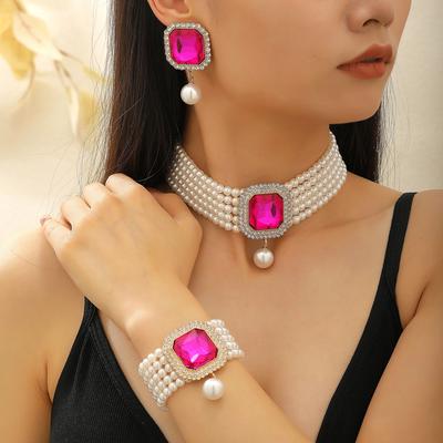 2026 Foreign Trade High Quality Fashion Double Layer Imitation Pearl Oval Crystal Necklace Earrings Bracelet Three-piece Ornament