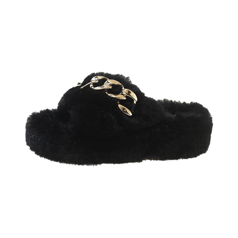 European goods heightened thick-soled fluffy slippers women wear high-end explosion spring and autumn chain Internet celebrity cross plush slippers