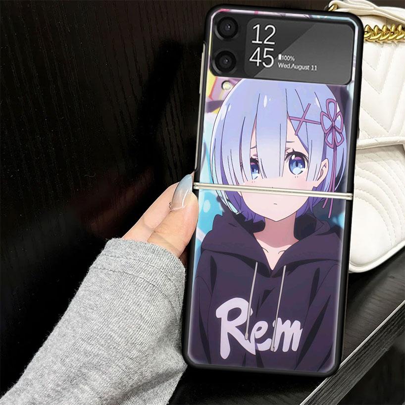 R-Rem Re Zero Anime Case for Samsung Galaxy Z Flip7 Flip6 Flip5 Flip4 Flip3 5G Hard Phone Shell Z Flip 7 6 5 4 3 Black Cover