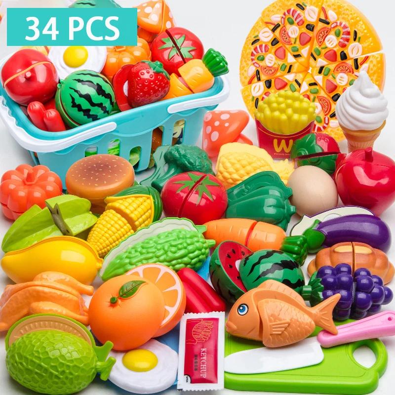 Non-Toxic Educational Toy Plastic Kitchen Toy Set Cut Fruit Vegetable Pizza Food Play House Simulation Toys Pretend Play Kids Toys Gifts