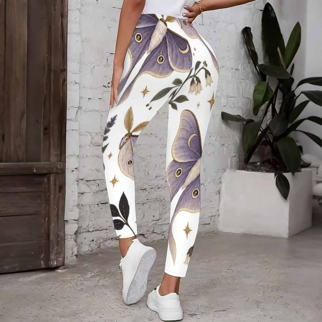 Women Plus Size High Waist Full Length Fitted White Printed Mushroom Floral Yoga Leggings