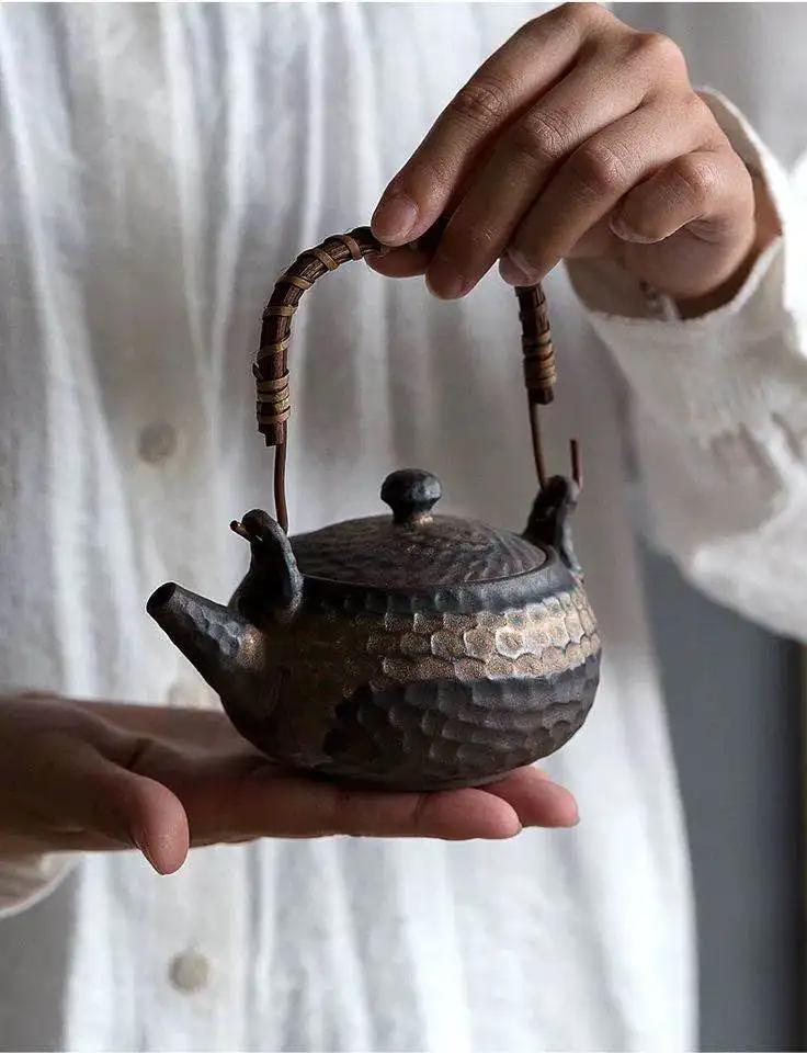 Stoneware Hammer Loop-handled Teapot Handmade Japanese Style Retro Tea Pot Ceramic  Ceramic Tea Pot Traditional Chinese Tea Set