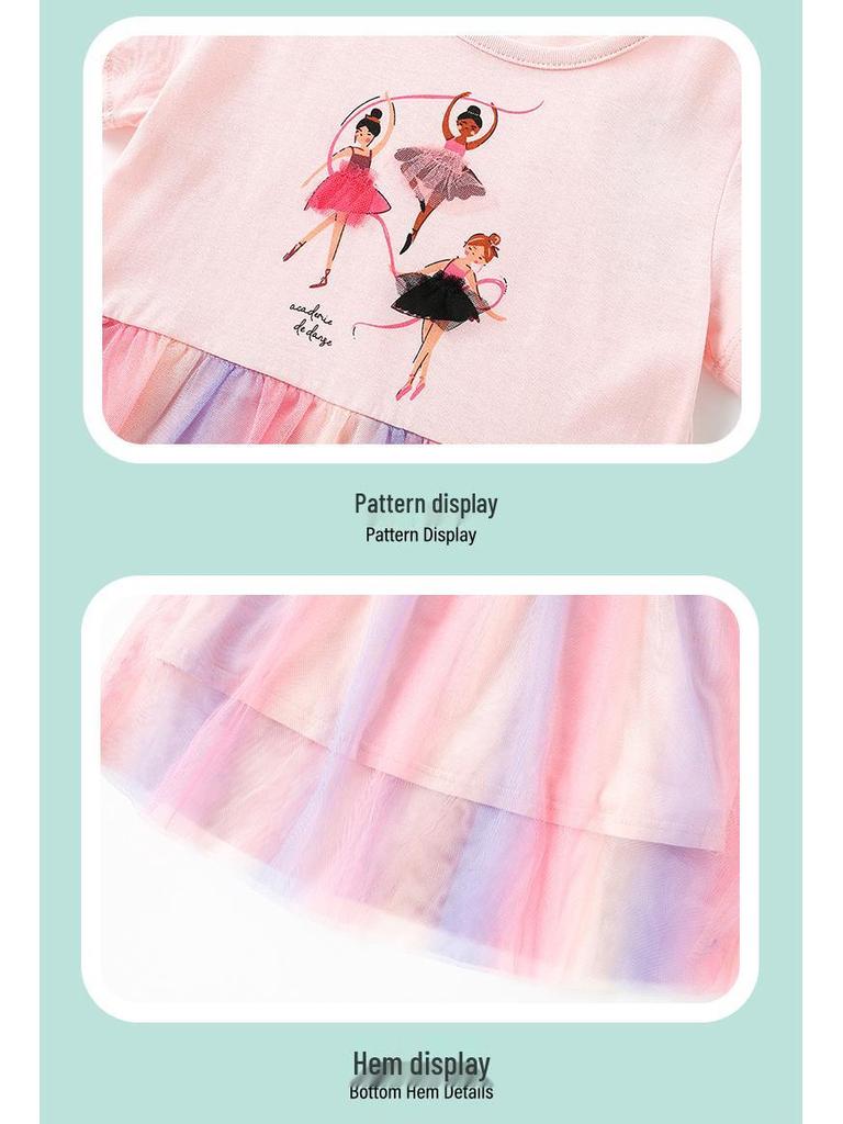 26-year Spring/Summer Kids' Rainbow Mesh Dress - Sweet Print, Round Neck, Short Sleeve, In Stock