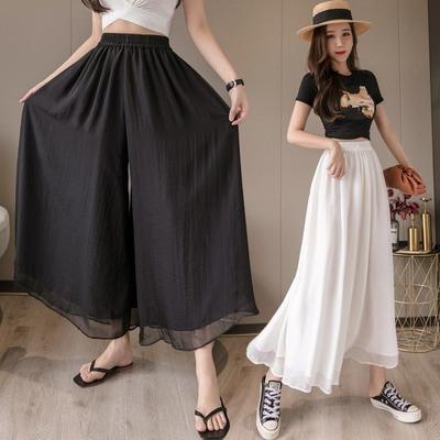 Calças Casuais Femininas de Chiffon Wide Leg Plus Size Cor Sólida Elásticas de Cintura Alta