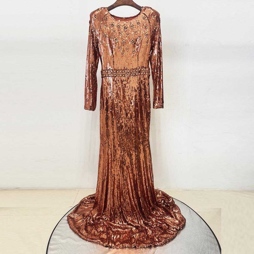 Luxury Gold Sequin Evening Gown with Heavy Beading and Rhinestones - 2026 European & American Celebrity Style