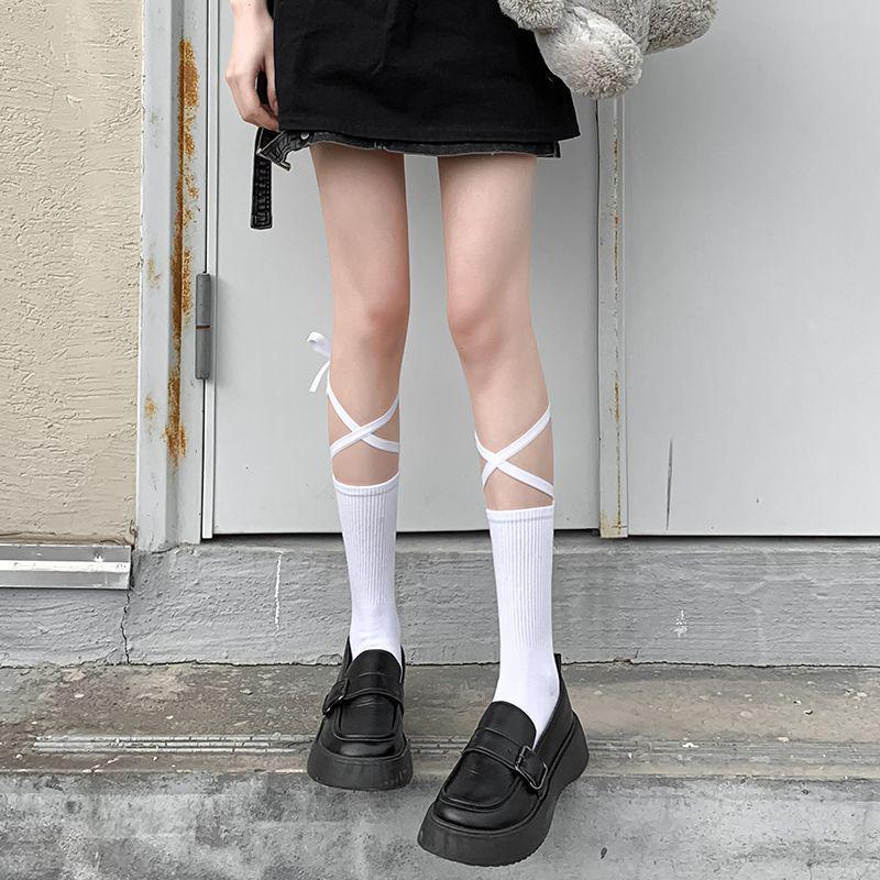 Black Over-the-Knee Lace Socks with Tie-Up Straps