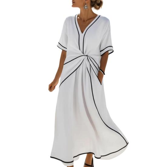 Women's Summer Casual Twist Waist Long Dress Cotton Linen Short Sleeve V Neck Boho Swing Dress Beach Vacation Flowy A-line Sundress