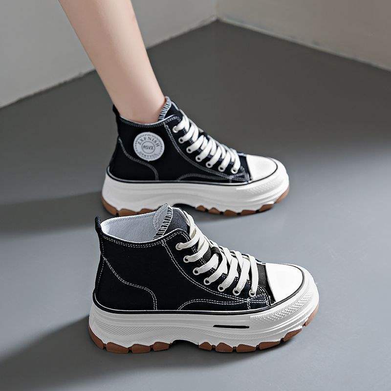 Thick-soled high-top canvas shoes women's Korean version of versatile spring and autumn new breathable non-slip mid-heel ins sports and leisure b