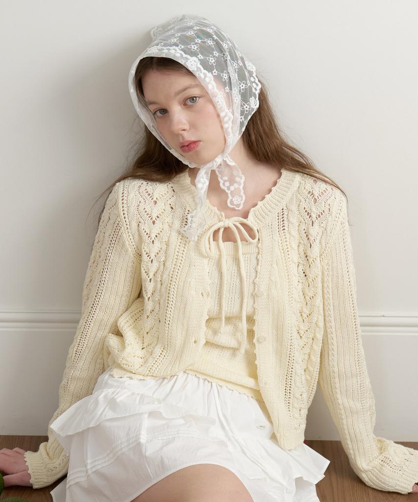 CLUNY [Set] Daisy Leaf Scallop Knit Cardigan - Butter