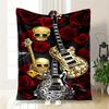Golden Skull Guitar with Red Roses BackgroundBlanket Flannel Throw Blanket for Sofa, Bed, Travel, Camping, Office