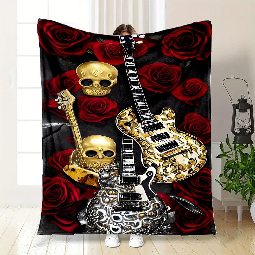 Golden Skull Guitar with Red Roses BackgroundBlanket Flannel Throw Blanket for Sofa, Bed, Travel, Camping, Office